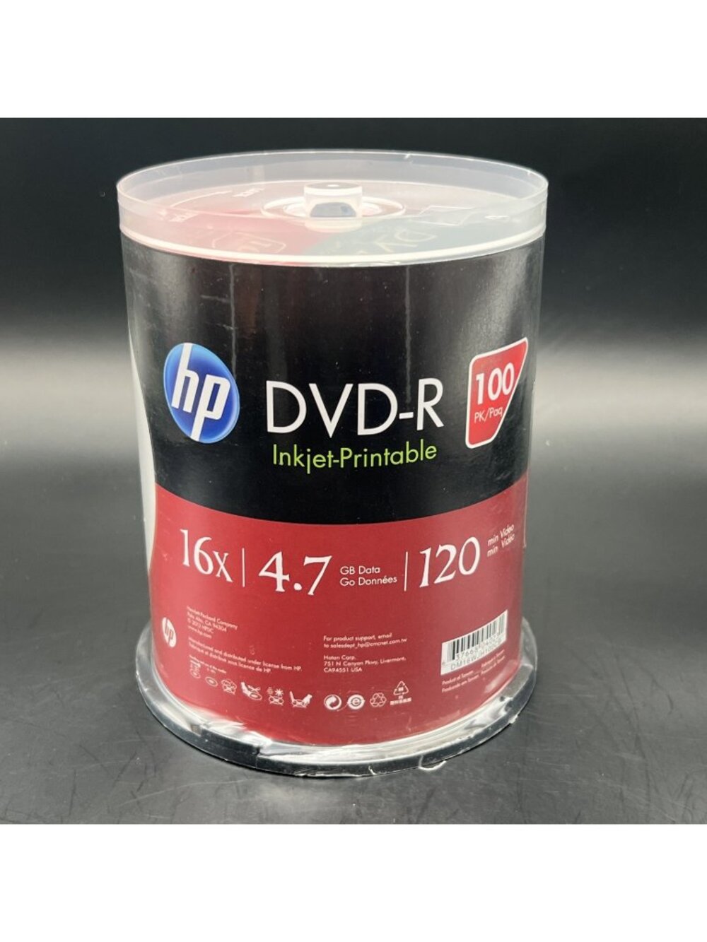 100 HP  DVD-R DVD 16X Blank 4.7GB White Inkjet Printable Disc Spindle Cake Box
